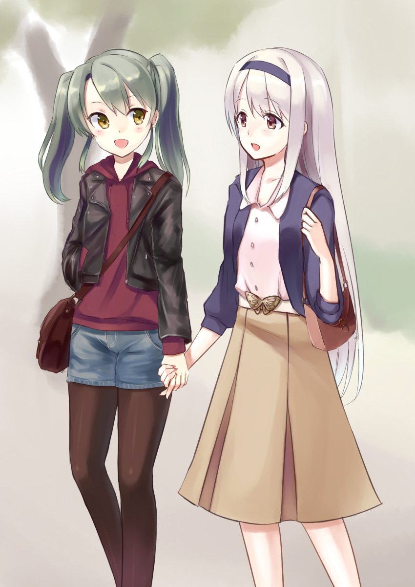2girls absurdres bag belt black_legwear blurry blush brown_eyes brown_skirt casual coat denim denim_shorts depth_of_field grey_hair hairband highres holding_hands hood_down hooded_sweater kantai_collection kurase37 long_hair looking_at_another multiple_girls pantyhose pleated_skirt shorts shoukaku_(kantai_collection) shoulder_bag silver_hair skirt twintails very_long_hair zuikaku_(kantai_collection)