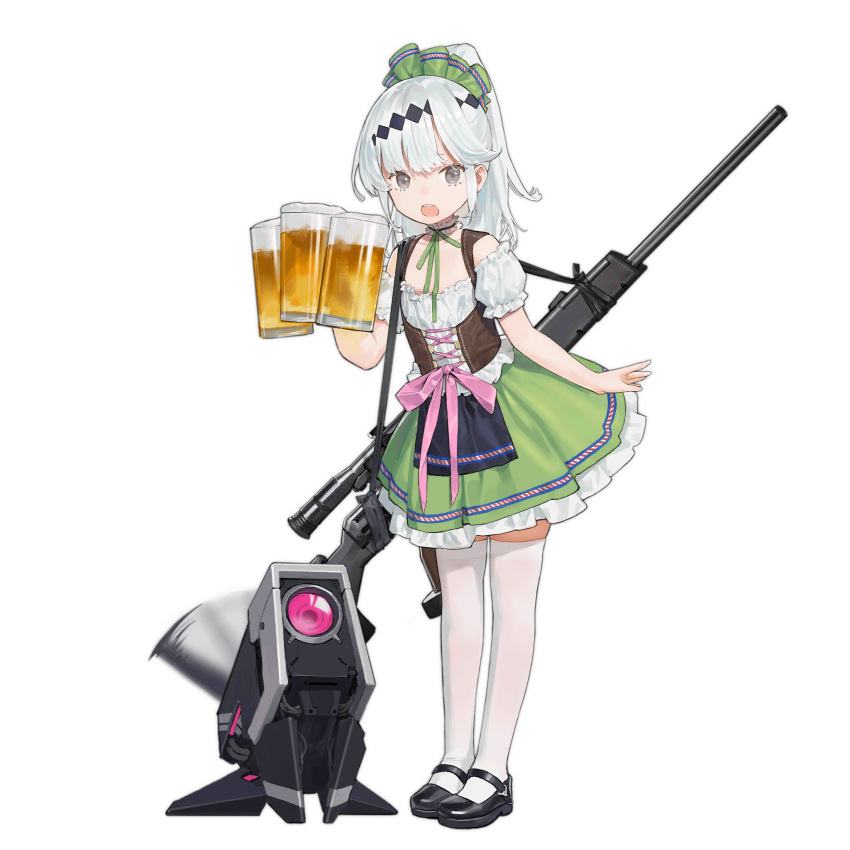 1girl aged_down alcohol beer beer_mug black_footwear brown_vest cancer_(zjcconan) choker cross-laced_vest cup diamond_hair_ornament dinergate_(girls'_frontline) dirndl flat_chest frilled_choker frills full_body german_clothes girls_frontline green_ribbon green_skirt grey_eyes gun h&k_psg1 hair_ornament hair_ribbon highres holding holding_cup long_hair looking_at_viewer mary_janes mug non-humanoid_robot official_alternate_costume official_art one-eyed open_mouth pink_eyes ponytail psg-1_(beer-drinking_canis_minor)_(girls'_frontline) psg-1_(girls'_frontline) ribbon rifle robot sangvis_ferri scope shoes short_sleeves simple_background skindentation skirt sniper_rifle solo standing tail tail_wagging thigh-highs third-party_source transparent_background vest weapon white_hair white_thighhighs