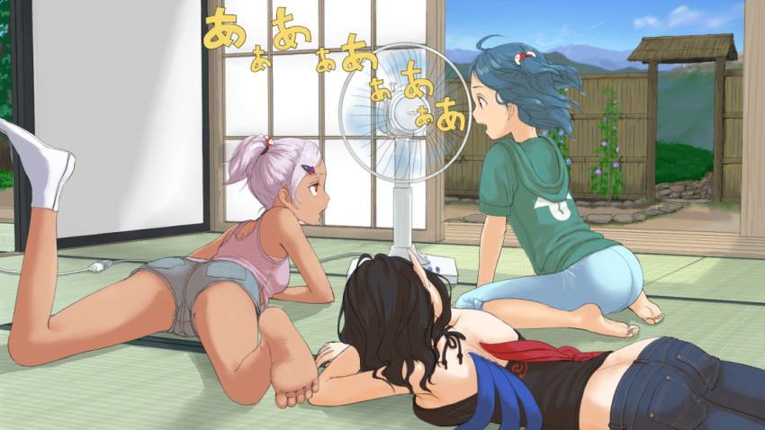 3girls alternate_costume ass asymmetrical_wings bare_arms bare_shoulders barefoot black_hair blue_hair blue_sky casual chemise clouds commentary_request denim dual_persona electric_fan fan_speaking garden gate hair_ornament hairclip hand_in_hair hoodie houjuu_nue jeans kitano_(kitanosnowwhite) legs lying mountain multiple_girls on_stomach open_mouth pants personification ponytail red_eyes short_shorts shorts silver_hair sitting sky spread_legs tatami tatara_kogasa touhou wariza wings