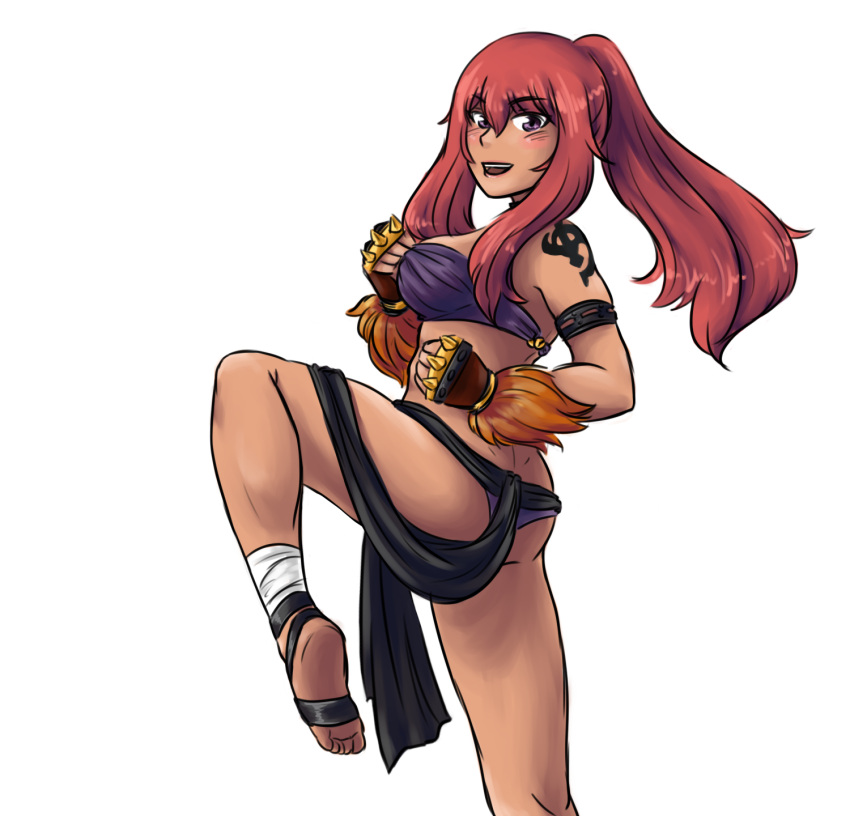 1girl alternate_costume armlet bikini brass_knuckles breasts dark_skin dimples_of_venus drawfag fighting_stance fur_trim highres long_hair midriff payot ponytail queen's_blade queen's_blade_rebellion redhead risty sash soles solo standing_on_one_leg swimsuit tattoo toes tubetop violet_eyes weapon