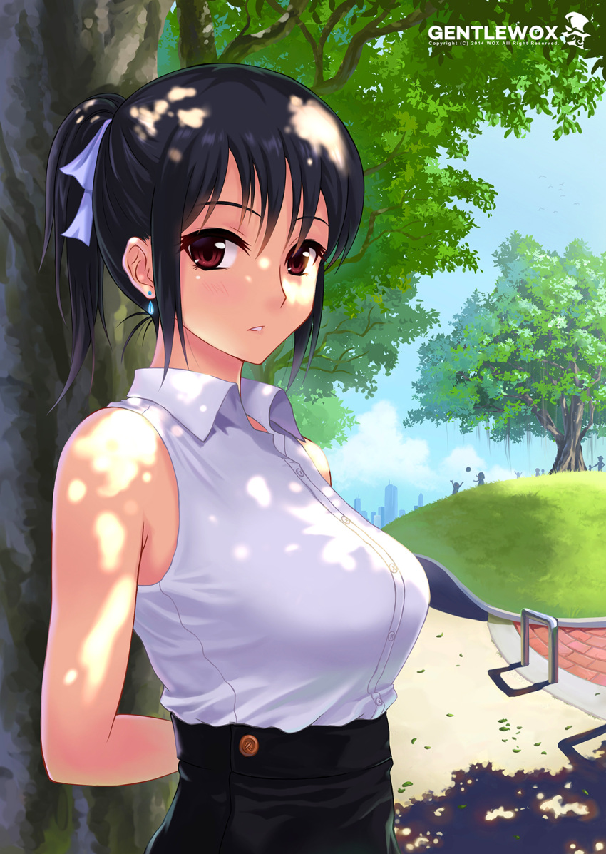 1girl arms_behind_back black_hair blush breasts bust dappled_sunlight earrings highres jewelry large_breasts long_hair looking_at_viewer original park ponytail red_eyes shade sleeveless solo tree watermark wox