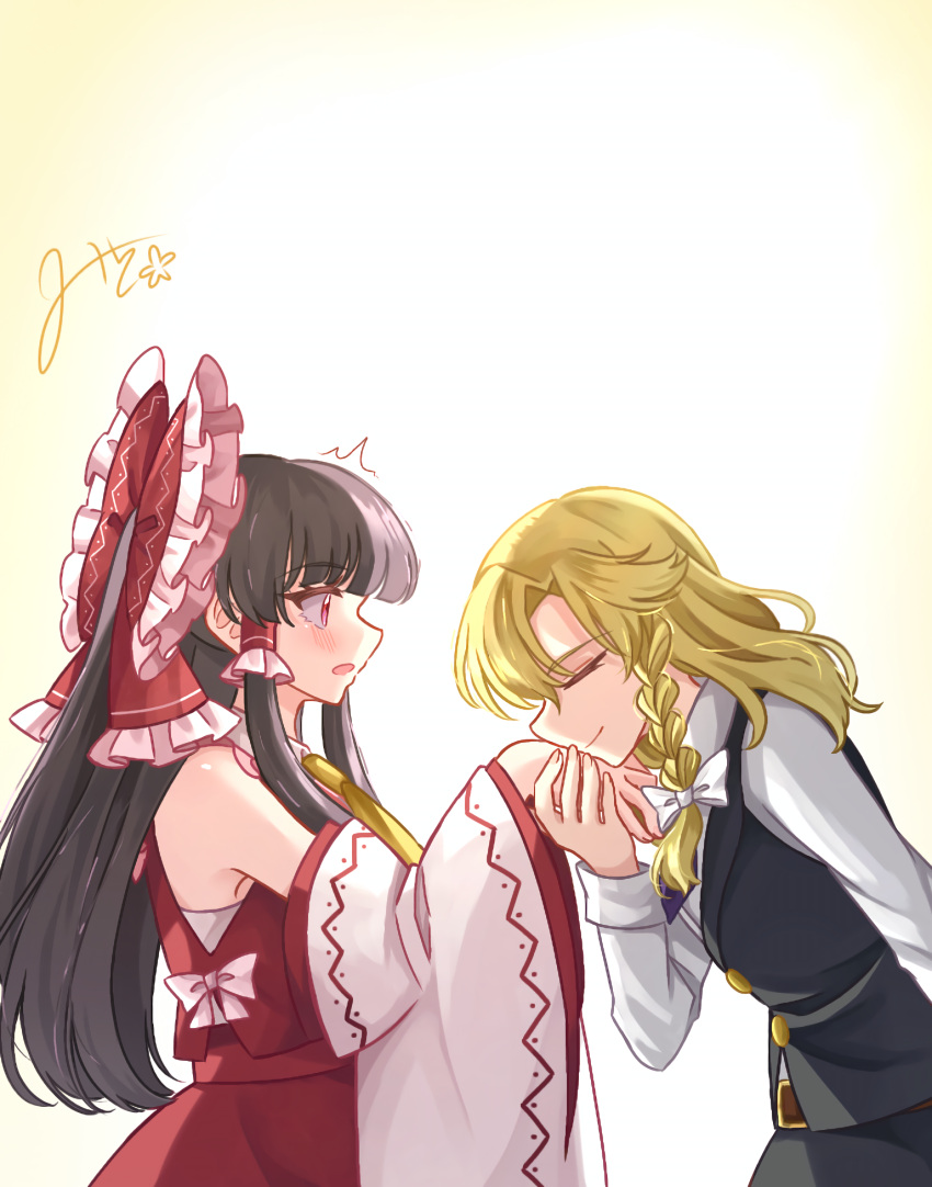 2girls ascot belt black_hair black_vest blonde_hair blush bow braid buttons closed_eyes closed_mouth commentary_request detached_sleeves frilled_bow frilled_hair_tubes frills hair_bow hair_tubes hakurei_reimu highres kirisame_marisa kiss kissing_hand long_hair long_sleeves looking_at_another mito_(fate) multiple_girls necktie no_headwear open_mouth purple_necktie red_bow red_eyes red_skirt ribbon-trimmed_sleeves ribbon_trim shirt side_braid signature single_braid skirt skirt_set surprised touhou vest white_bow white_shirt yellow_ascot yuri