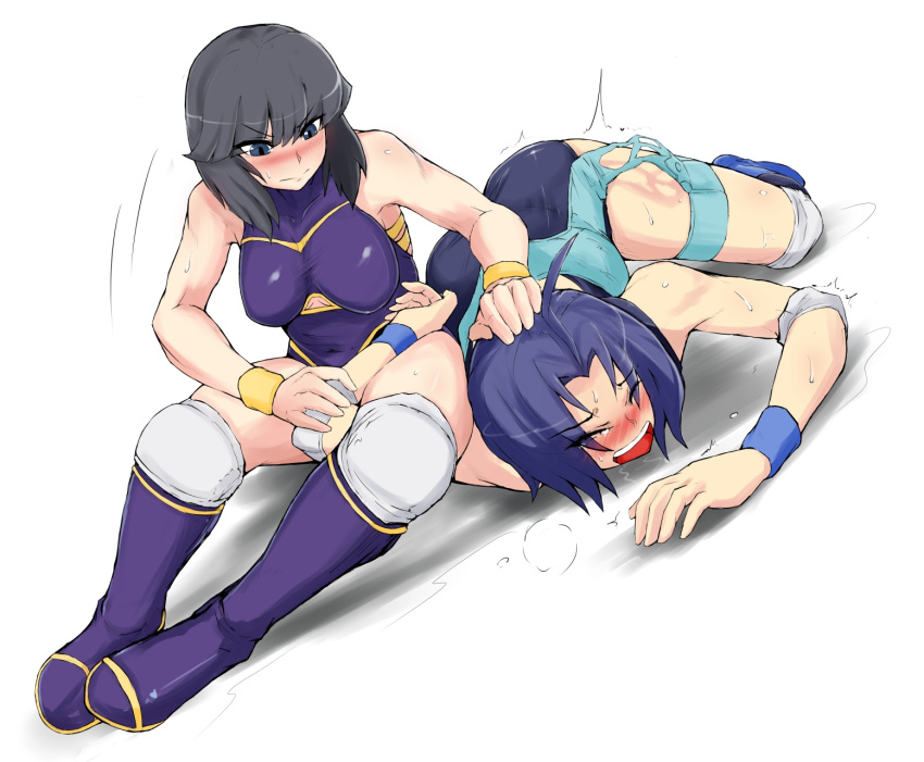 2girls ass black_hair blue_eyes blue_hair boots breasts cleavage cleavage_cutout highres knee_pads leotard lucky_uchida minami_toshimi multiple_girls nexas saliva short_hair submission tears wrestle_angels wrestle_angels_survivor wrestling wrestling_outfit