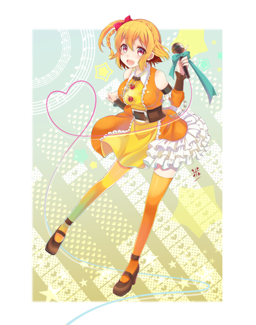 1girl bare_shoulders chain detached_sleeves dress frills high_heels highres kagerou_project kisaragi_momo microphone orange_hair orange_legwear patterned_background solo thigh-highs