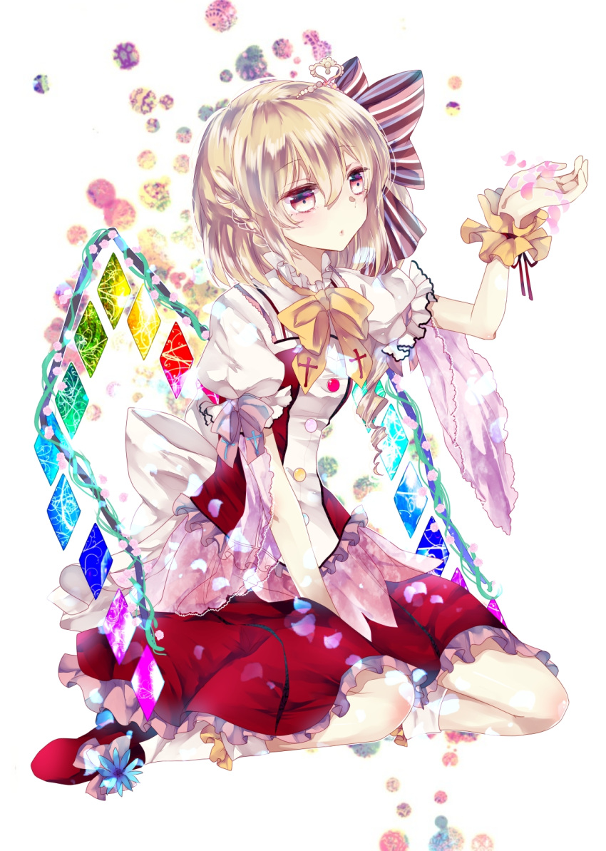 1girl adapted_costume blonde_hair bow flandre_scarlet ginzuki_ringo hair_bow hair_ornament highres pink_eyes puffy_short_sleeves puffy_sleeves sash shirt short_sleeves sitting skirt skirt_set solo touhou vest wariza wings wrist_cuffs