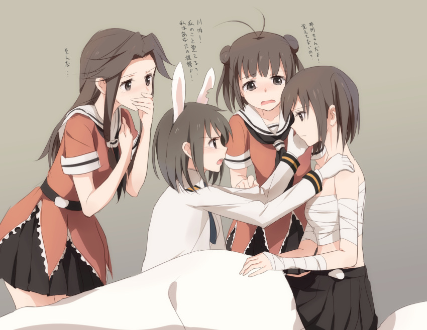 4girls animal_ears antenna_hair artist_self-insert bandages blanket brown_eyes brown_hair covering_mouth double_bun female_admiral_(kantai_collection) gloves highres jintsuu_(kantai_collection) kantai_collection kisetsu military military_uniform multiple_girls naka_(kantai_collection) naval_uniform necktie open_mouth rabbit_ears sendai_(kantai_collection) sitting strike_witches tears translated twintails uniform