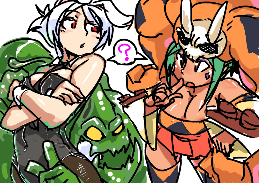 1boy 2girls ? alternate_costume animal_ears aqua_hair breasts brown_eyes bunny_girl bunny_tail bunnysuit cerebella_(skullgirls) cleavage crossed_arms crossover dark_skin detached_collar detached_sleeves eyeshadow hand_on_hip higa_norio large_breasts league_of_legends leaning_forward makeup monster_boy multiple_girls pantyhose rabbit_ears red_eyes riven_(league_of_legends) short_hair silver_hair skullgirls slime tail thigh-highs vice-versa_(skullgirls) wrist_cuffs yellow_eyes zac