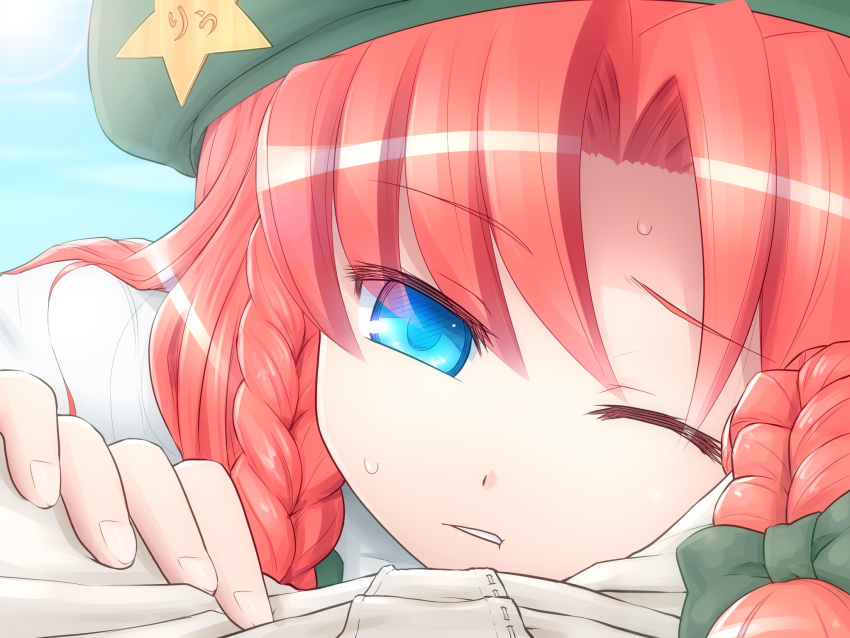 1girl blue_eyes braid commentary_request face hat highres hong_meiling looking_at_viewer one_eye_closed pov_crotch redhead shirosato star sweat touhou twin_braids