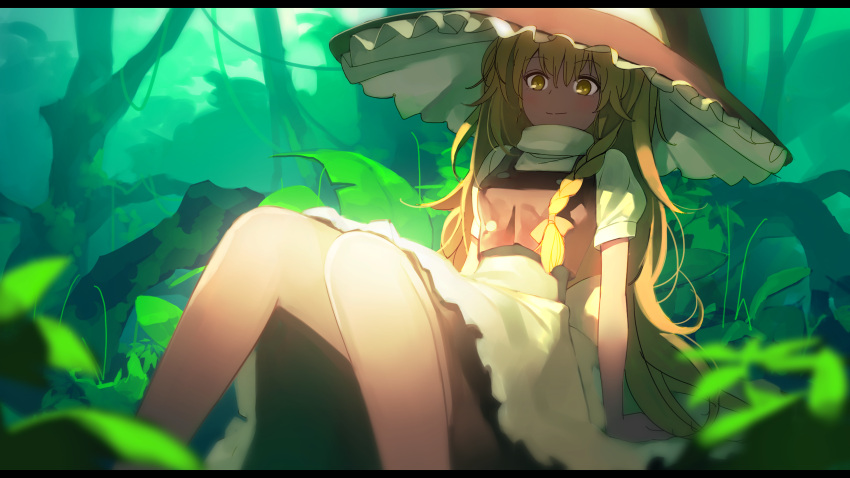 1girl apron blonde_hair braid forest hat highres jandy kirisame_marisa long_hair nature perspective puffy_short_sleeves puffy_sleeves shirt short_sleeves single_braid sitting skirt skirt_set smile solo touhou very_long_hair vest waist_apron witch_hat yellow_eyes