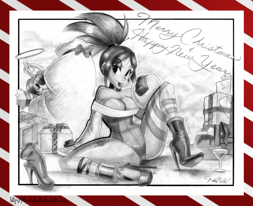 2girls :p bare_shoulders boots box breasts cerebella_(skullgirls) christmas cleavage dark_skin detached_sleeves eyeshadow gift gift_box greyscale high_heel_boots high_heels large_breasts leotard long_hair makeup martini_glass monochrome multiple_girls ponytail pudding sack santa_costume sienna_contiello single_thighhigh sitting skullgirls solo_focus spread_legs stiletto_heels striped striped_legwear thigh-highs todd_l._milhouse tongue tongue_out
