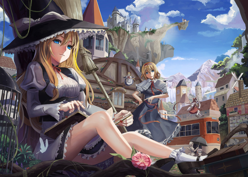 5girls absurdly_long_hair alice_margatroid bat_wings black_dress blonde_hair blue_dress blue_eyes blue_sky book bow broom brown_hair butterfly capelet clouds detached_sleeves dress floating_castle floating_island flower flying_sweatdrops gohei grimoire hair_bow hairband hakurei_reimu hat highres izayoi_sakuya juliet_sleeves kirisame_marisa long_hair long_sleeves maid mountain multiple_girls parasol ponytail puffy_short_sleeves puffy_sleeves rayxray red_dress remilia_scarlet sash shanghai_doll short_sleeves silver_hair sitting sky streetcar touhou town umbrella very_long_hair windmill wings witch_hat