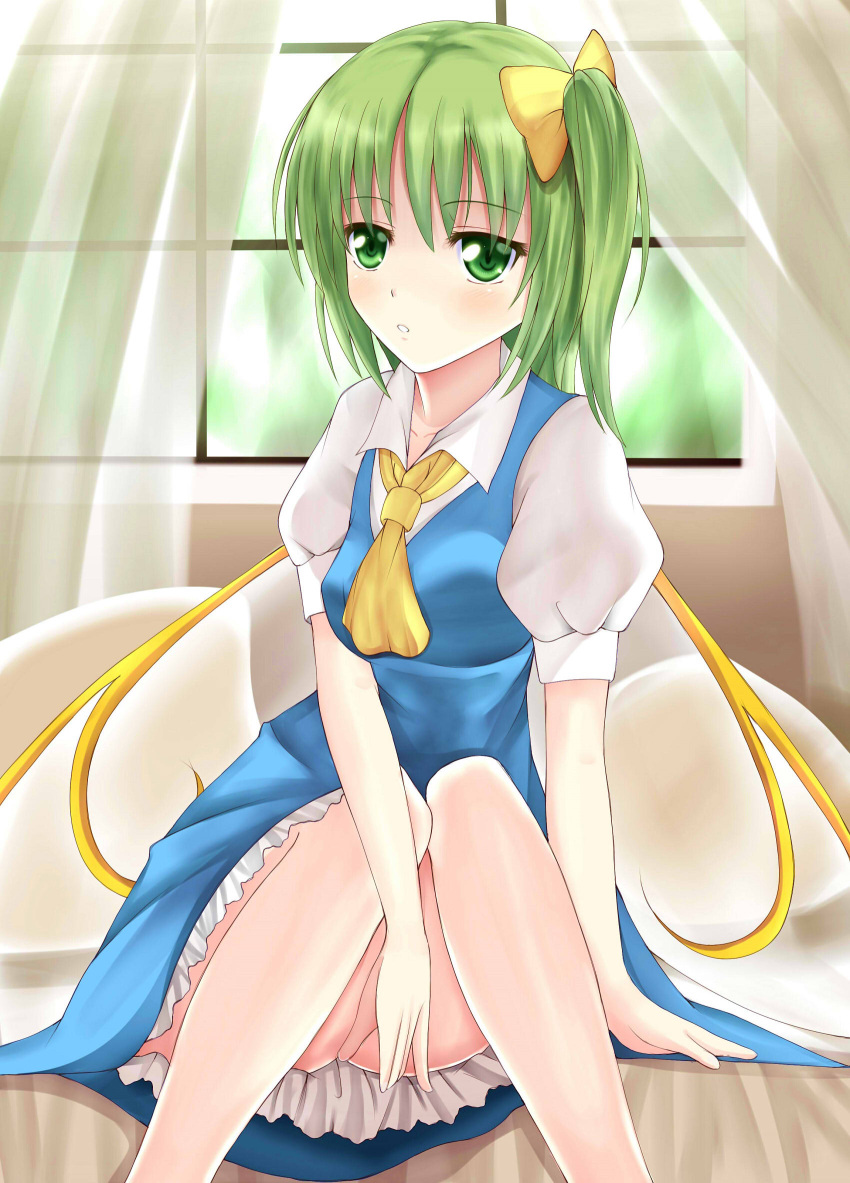 1girl ascot bed between_legs blue_dress censored convenient_censoring curtains daiyousei dress fairy_wings green_eyes green_hair hand_between_legs highres knees_together_feet_apart on_bed puffy_short_sleeves puffy_sleeves shirt short_sleeves side_ponytail sitting solo touhou upskirt wendell window wings
