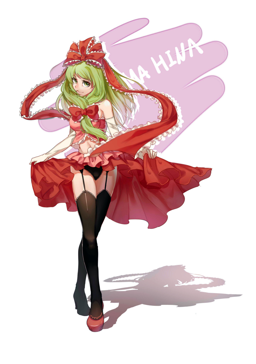 1girl absurdres adapted_costume aer_(tengqiu) bare_shoulders black_legwear black_panties blush bow elbow_gloves front_ponytail garter_straps gloves green_eyes green_hair hair_bow hair_ribbon highres kagiyama_hina lace lace-trimmed_panties lace-trimmed_thighhighs long_hair looking_at_viewer midriff navel panties ribbon simple_background smile solo thigh-highs touhou underwear white_background white_gloves