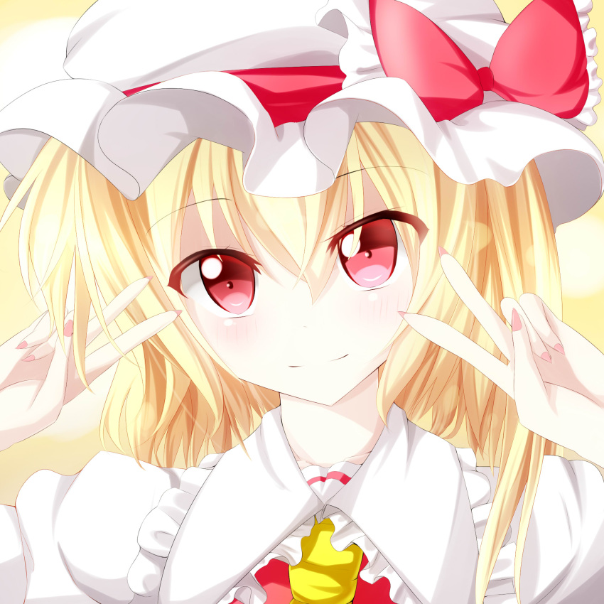 1girl ascot asymmetrical_hair blonde_hair bust dei_(dirmu) double_v dress flandre_scarlet hair_between_eyes highres looking_at_viewer mob_cap portrait pov pov_eye_contact puffy_short_sleeves puffy_sleeves red_dress red_eyes short_hair short_sleeves side_ponytail smile solo touhou v
