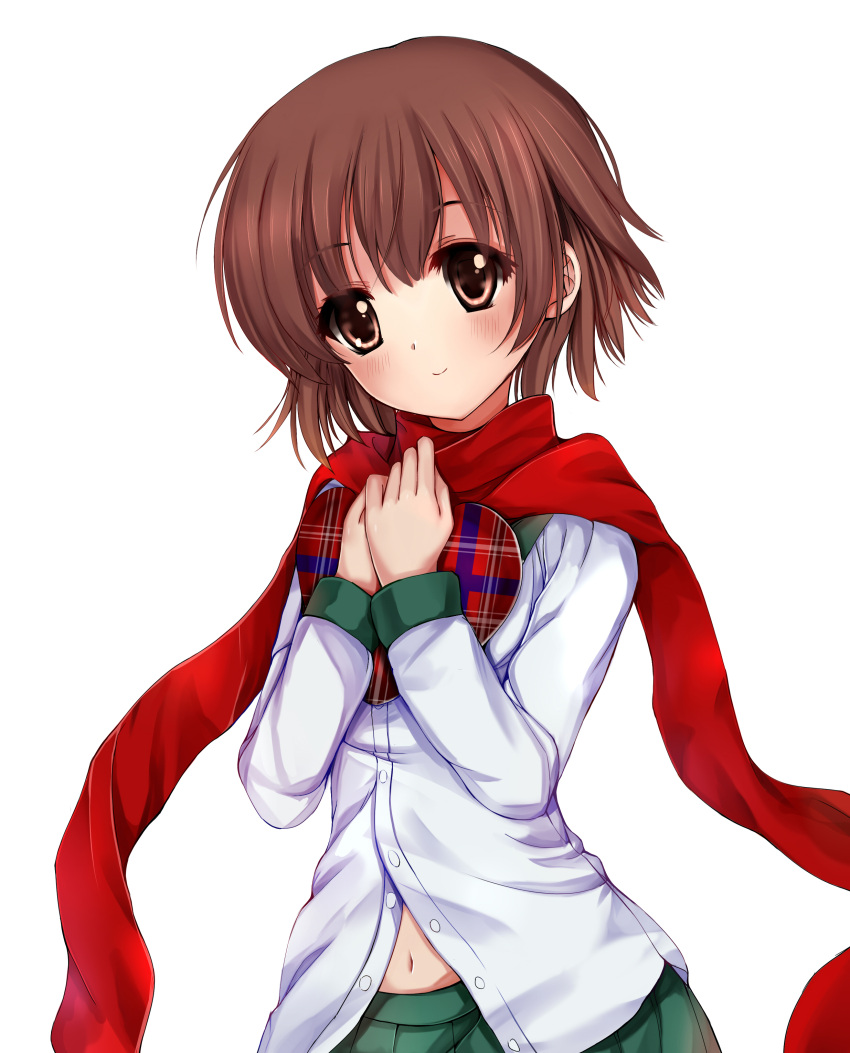 1girl absurdres blush brown_eyes brown_hair bust green_skirt hands_together heart-shaped_box highres kantai_collection long_sleeves looking_at_viewer mutsuki_(kantai_collection) navel pleated_skirt red_scarf scarf school_uniform serafuku short_hair simple_background skirt smile solo vivian_(lancerhd) white_background