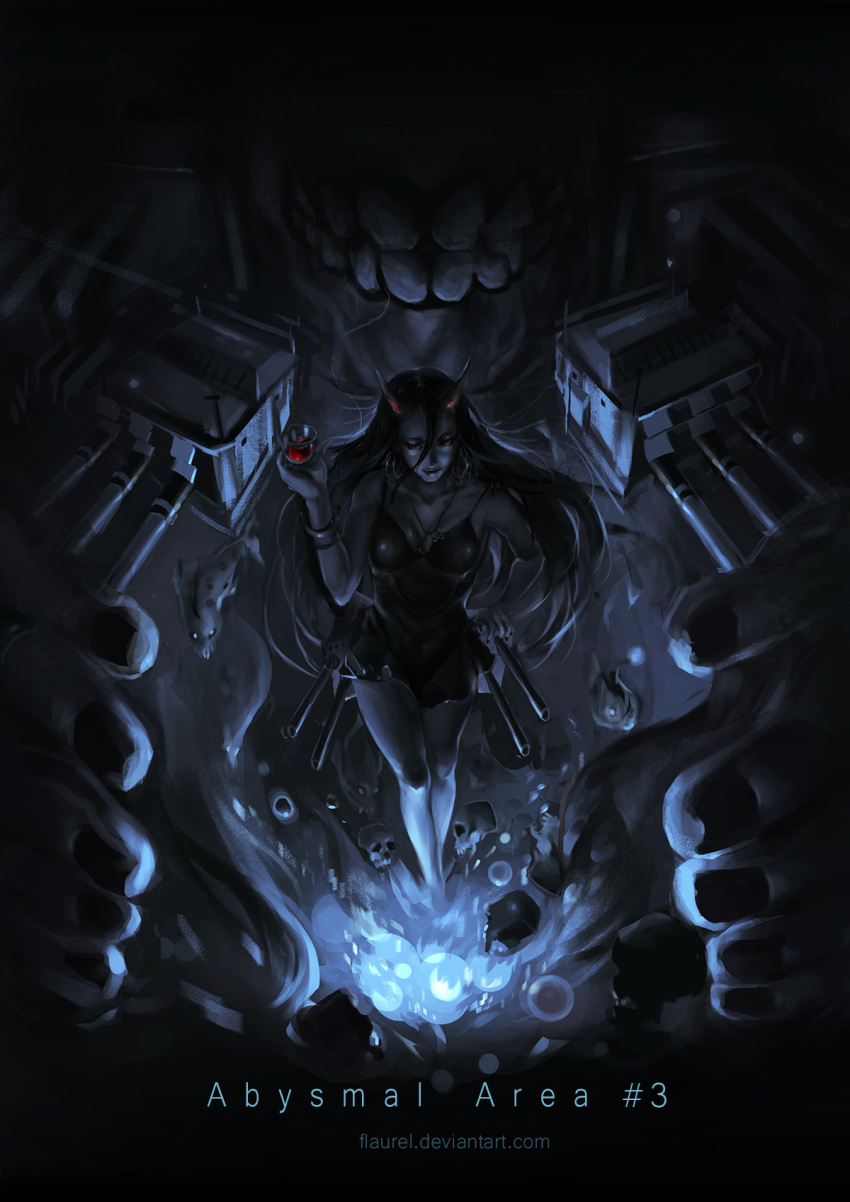 1girl battleship-symbiotic_hime black_dress black_hair cannon collarbone cup cupping_glass dark dress flaurel highres horns jewelry kantai_collection long_hair looking_at_viewer monochrome necklace pale_skin red_eyes shinkaisei-kan skull solo spaghetti_strap spot_color turret very_long_hair watermark web_address wine_glass