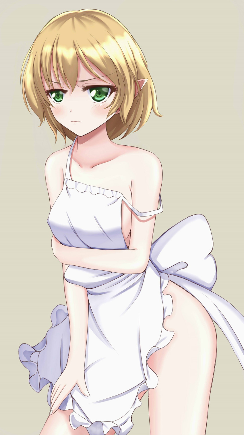 1girl absurdres apron bare_arms bare_shoulders blonde_hair collarbone green_eyes highres mizuhashi_parsee naked_apron off_shoulder pointy_ears solo strap_slip touhou wendell