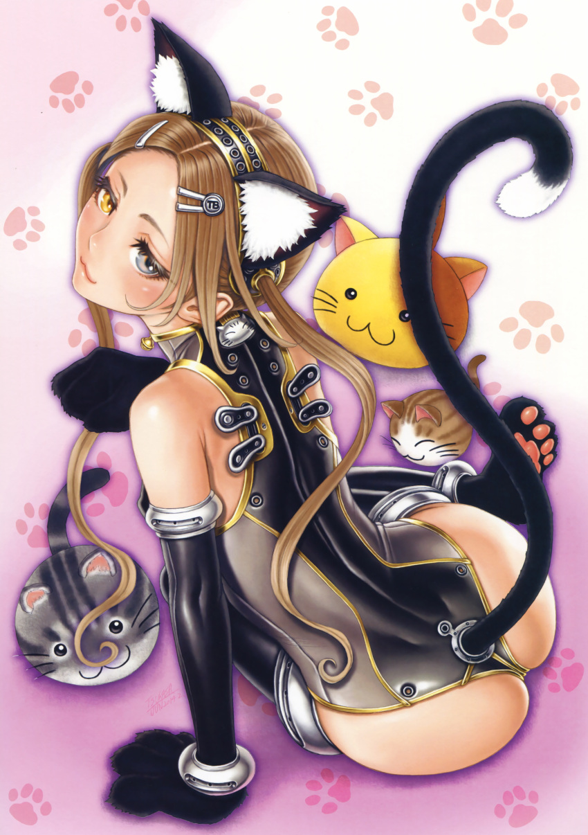 1girl :3 absurdres ass bare_shoulders bell bell_collar blonde_hair blush bodysuit cat_girl cat_hair_ornament cat_paws cat_tail collar elbow_gloves from_behind gloves hair_ornament hairband hairpin heterochromia highres long_hair looking_at_viewer looking_back original paw_gloves paw_print paws sleeveless small_breasts tail tsukasa_jun twintails
