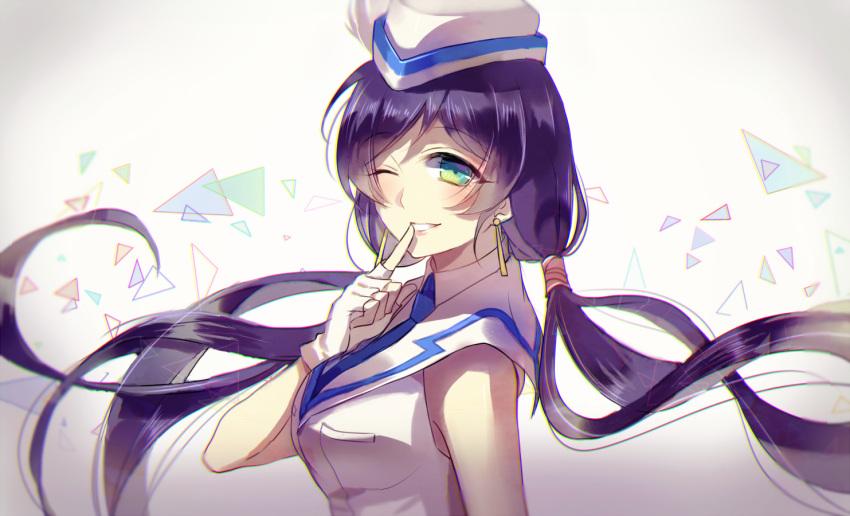 1girl bare_shoulders finger_to_mouth from_side gloves green_eyes hat lips long_hair looking_at_viewer love_live!_school_idol_project magicpants purple_hair sailor sailor_collar sailor_hat school_uniform serafuku sketch smile solo toujou_nozomi twintails uniform white_gloves