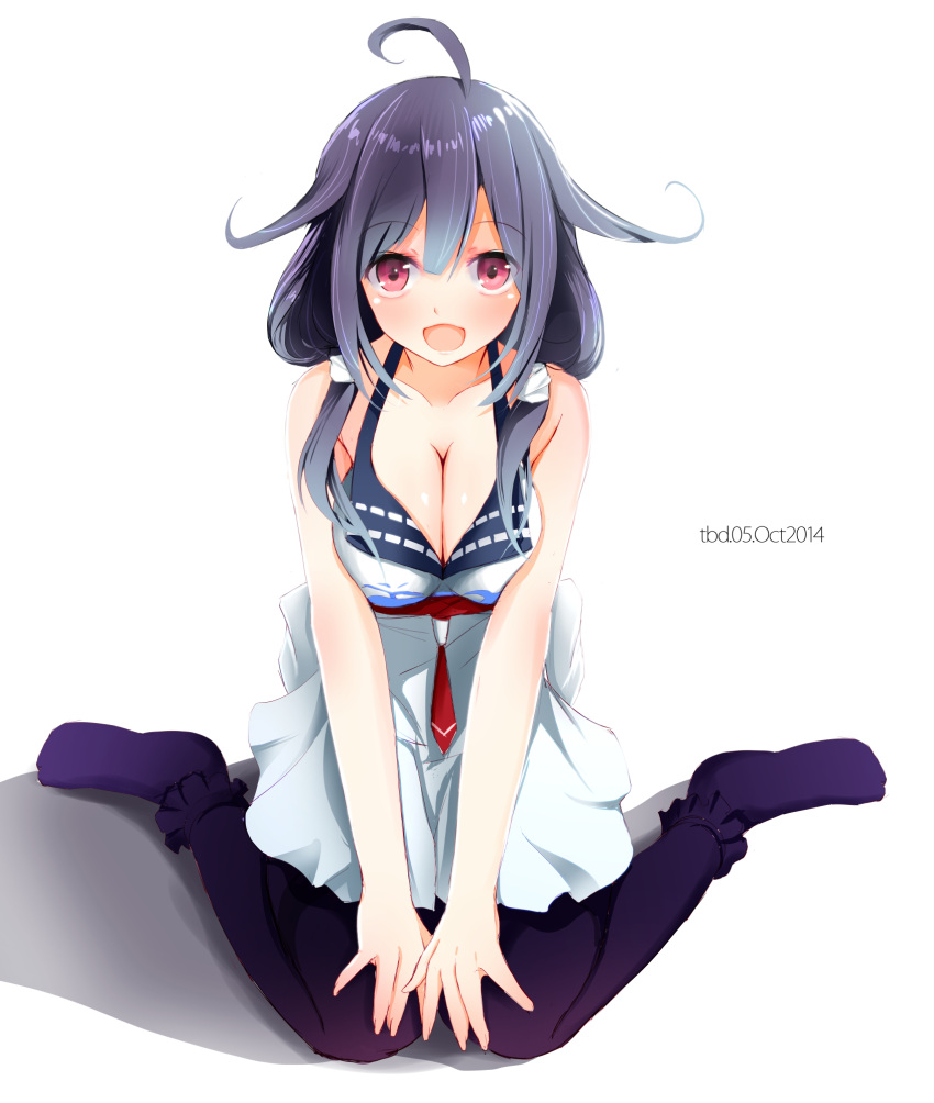 1girl :d adapted_costume ahoge black_legwear breasts cleavage highres kantai_collection open_mouth pantyhose purple_hair red_eyes sitting smile taigei_(kantai_collection) tbd11 wariza