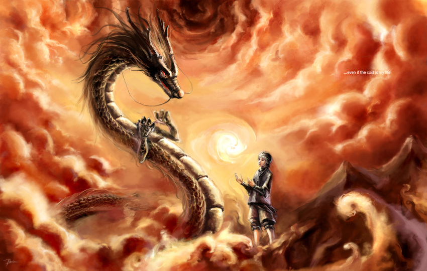 1boy clouds commentary dothaithanh dragon eastern_dragon energy_ball highres horns magic male original solo