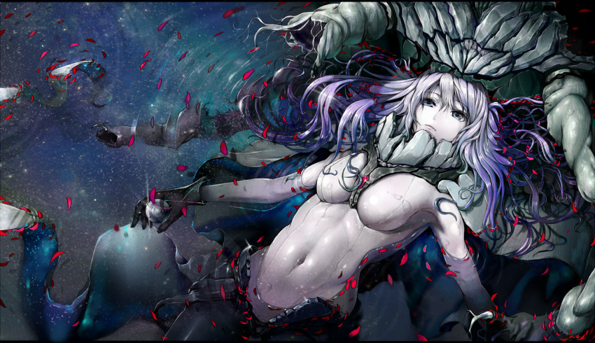 1girl black_gloves blue_eyes bodysuit bust covered_navel expressionless floating floating_hair gloves highres hisahisahisahisa holding kantai_collection long_hair lying on_back pale_skin petals purple_hair ripples shinkaisei-kan solo water wo-class_aircraft_carrier