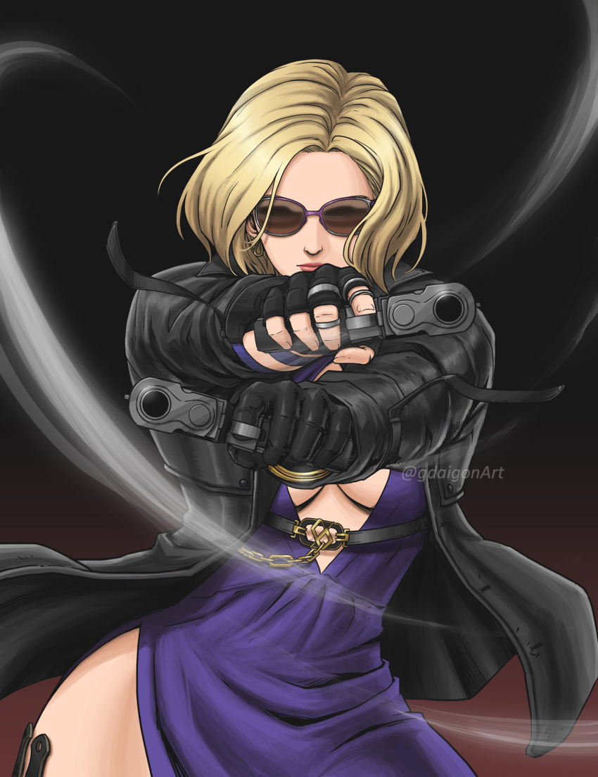 1girl aiming_at_viewer black_gloves black_jacket blonde_hair breasts center_opening dress dual_wielding earrings fingerless_gloves gangsta_hold geoffrey_daigon gloves gun halter_dress halterneck handgun highres holding jacket jewelry knife large_breasts leather leather_jacket lips looking_at_viewer multiple_rings nina_williams no_bra purple-framed_eyewear purple_dress ring short_hair side_slit solo sunglasses tekken tekken_8 weapon