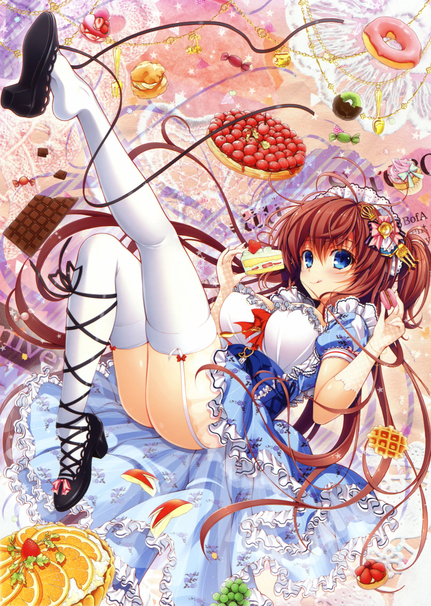 1girl :p absurdres animal_ears asami_asami ass blue_eyes blush breasts brown_hair cake cat_ears cross-laced_footwear dress falling food frills fruit full_body gloves hair_ornament headdress highres lace-up_heels large_breasts long_hair looking_at_viewer macaron original solo sweets thigh-highs tongue tongue_out two_side_up very_long_hair