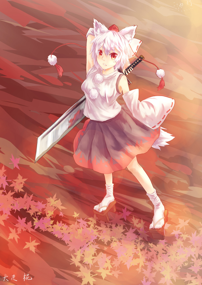 1girl absurdres animal_ears autumn_leaves bare_shoulders breasts geta hankon hat highres inubashiri_momiji leaf looking_at_viewer looking_up open_mouth pom_pom_(clothes) red_eyes short_hair silver_hair solo sword tail tokin_hat touhou weapon wolf_ears wolf_tail