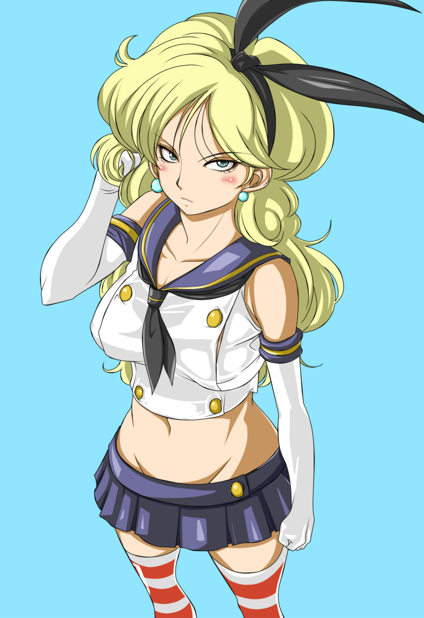 1girl blonde_hair blue_background blush character_request cosplay crossover detached_sleeves dragon_ball earrings eyelashes gloves hair_ornament highres jewelry kantai_collection long_hair looking_at_viewer midriff serious shirt simple_background skirt solo standing striped striped_legwear tagme thigh-highs thighs tuna21 white_gloves zettai_ryouiki
