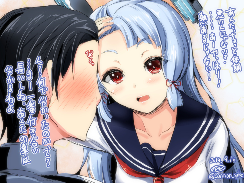 1boy 1girl admiral_(kantai_collection) black_hair blue_hair blush bust eye_contact faceless faceless_male forehead-to-forehead gin'ichi_(akacia) hair_ornament kantai_collection looking_at_another necktie open_mouth red_eyes school_uniform serafuku smile translation_request
