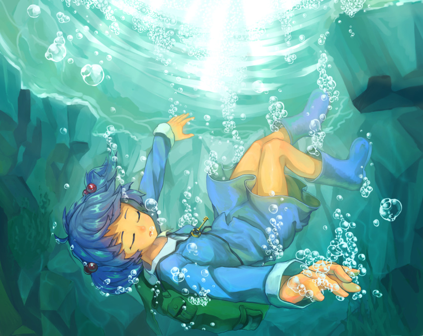 1girl backpack bag blue_hair boots bubble closed_eyes hair_bobbles hair_ornament kaatoso kawashiro_nitori key no_hat open_mouth outstretched_arms rock seaweed shirt short_hair sinking skirt skirt_set solo sunlight touhou underwater