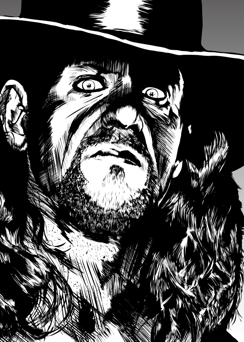 1boy black_hair close-up facial_hair goatee hat highres long_hair looking_at_viewer monochrome solo the_undertaker wwe