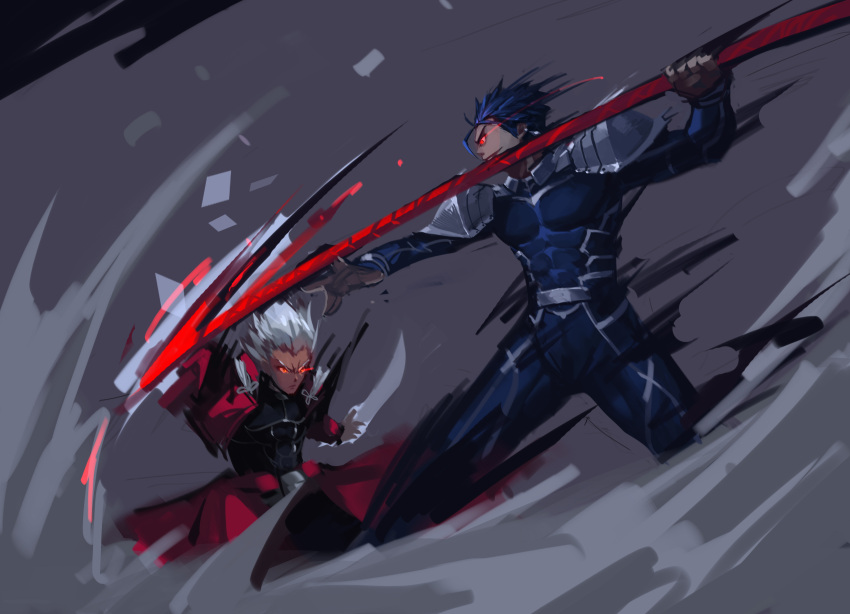 2boys archer dark_skin fate/stay_night fate_(series) fighting gae_bolg glowing glowing_eyes highres lancer multiple_boys pinuoxixi polearm red_eyes spear weapon white_hair