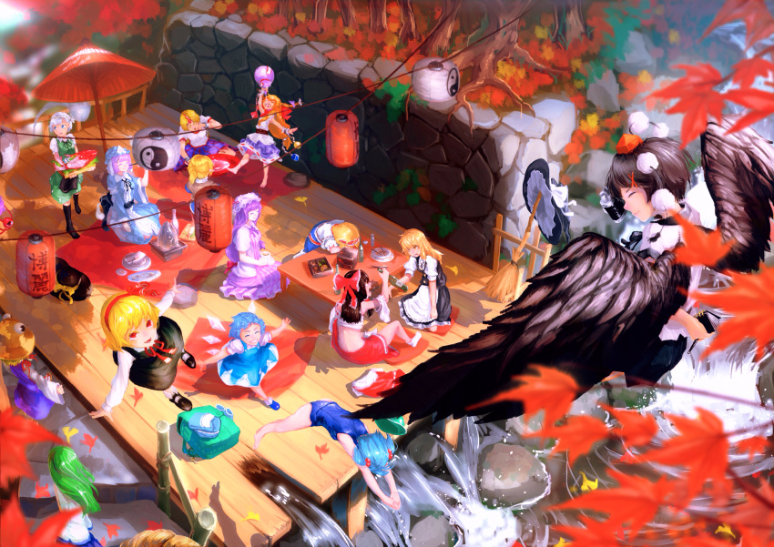 6+girls alcohol alice_margatroid amber_eyes autumn autumn_leaves backpack bag barefoot blonde_hair blue_eyes bottle bow broom camera chopsticks cirno closed_eyes cuffs detached_sleeves diving dress flying food gourd green_hair hair_bow hair_ribbon hair_tubes hakurei_reimu hat hat_removed headwear_removed highres hitodama holding horn horn_ribbon horns hoshiguma_yuugi ibuki_suika ice ice_wings kaatoso kawashiro_nitori key kirisame_marisa kneehighs kochiya_sanae komeiji_koishi komeiji_satori konpaku_youmu konpaku_youmu_(ghost) lantern long_hair mizuhashi_parsee mob_cap moriya_suwako multiple_girls neck_ribbon notebook obentou obi one-piece_swimsuit oriental_umbrella outdoors outstretched_arms paper_lantern parasol patchouli_knowledge pen pink_hair pointy_ears purple_hair pyonta red_eyes ribbon rock rope rumia saigyouji_yuyuko sakazuki sake sake_bottle sarashi sash seiza shackles shadow shameimaru_aya shimenawa shirt shirtless shoes short_hair shouting sitting skirt smile spread_arms standing stone_wall striped striped_dress swimsuit table third_eye tokin_hat touhou triangular_headpiece umbrella vest wall wariza water waterfall white_hair wide_sleeves wings witch_hat wooden_floor wrist_cuffs yasaka_kanako yin_yang zouri