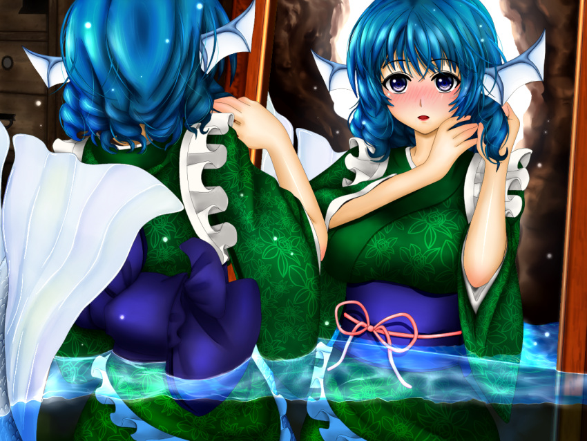 1girl animal_ears blue_eyes blue_hair blush bubble cave curly_hair drawer floral_print full-face_blush hand_on_own_head head_fins indoors japanese_clothes kimono lips lipstick long_sleeves looking_at_mirror makeup mermaid mirror monster_girl obi parted_lips partially_submerged red_lipstick redoredo_(godprogress) sash short_hair touhou wakasagihime water wet wet_clothes wide_sleeves