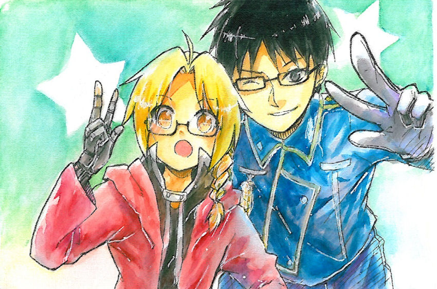 2boys ahoge automail black_eyes black_hair blonde_hair braid edward_elric fullmetal_alchemist glasses gloves height_difference jacket long_hair looking_at_viewer mechanical_arm military military_uniform multiple_boys one_eye_closed open_mouth prosthesis robe roy_mustang short_hair smile star traditional_media uniform v yellow_eyes