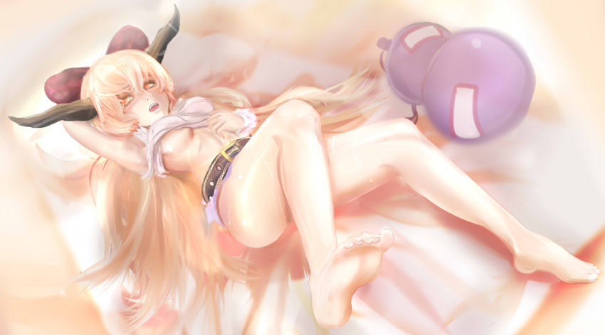 1girl arm_behind_head barefoot belt blonde_hair bow breasts gourd hair_bow hand_on_stomach highres horns ibuki_suika legs looking_at_viewer lying mightyhonk on_back on_bed open_mouth orange_eyes pillow shirt_lift sleeveless sleeveless_shirt solo touhou under_boob