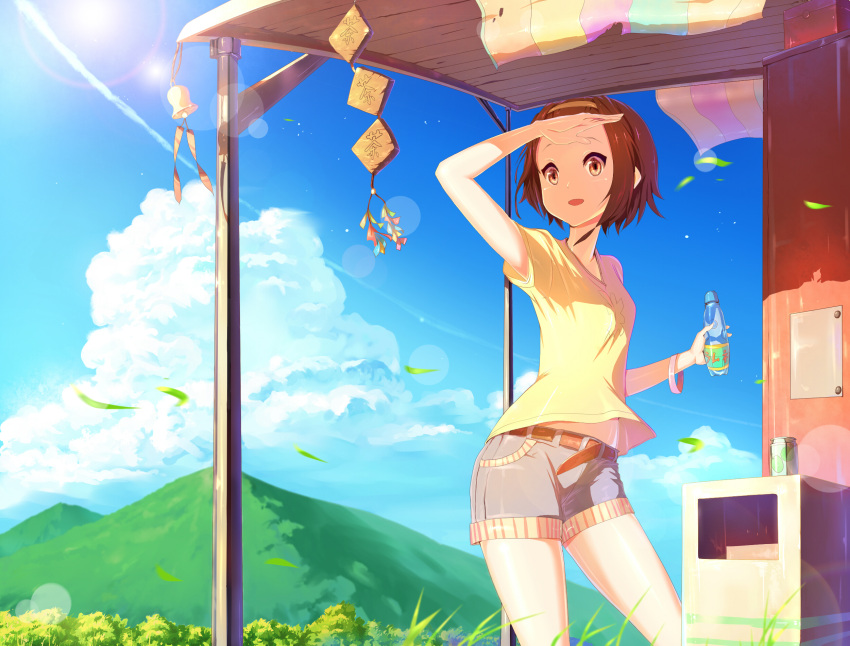 1girl bell bottle brown_eyes brown_hair casual highres k-on! ludou ramune short_hair standing tainaka_ritsu wind_chime