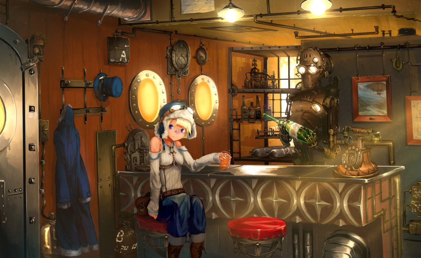 1girl bag bandaid bandaid_on_nose bar bare_shoulders belt blimp blonde_hair boots bottle clock coat cup detached_sleeves dirigible door drink fur_hat gears goggles hat hat_rack highres holding kaatoso lightbulb original painting_(object) pants phone ribbed_sweater robot rotary_phone round_window short_hair sitting smile steampunk stool sweater violet_eyes