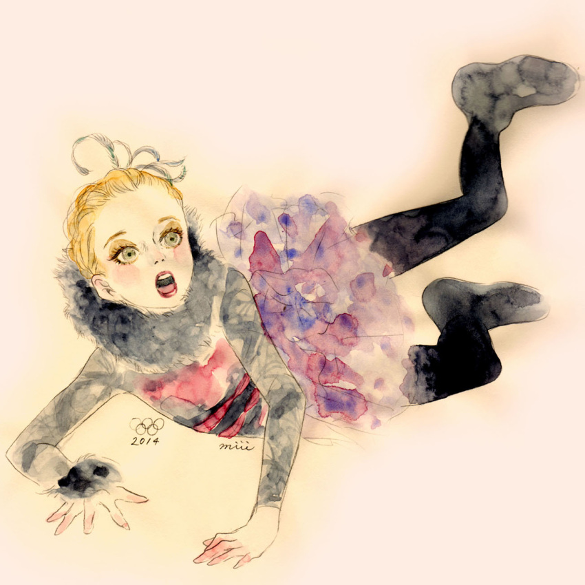 blonde_hair elena_radionova figure_skating highres miii pantyhose traditional_media watercolor_(medium)