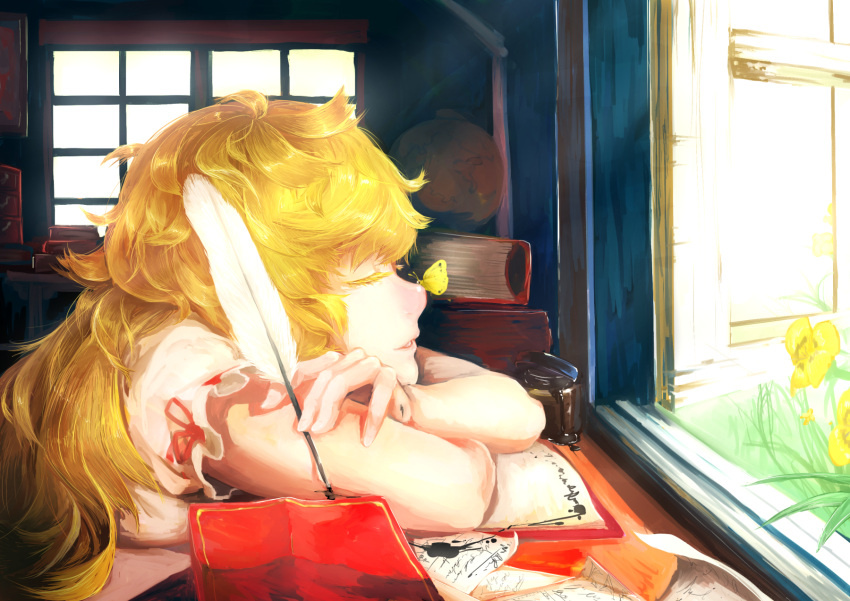 1girl blonde_hair book butterfly butterfly_on_nose closed_eyes crossed_arms flower head_rest highres ink ink_bottle kaatoso long_hair original paper quill sleeping solo sunlight window