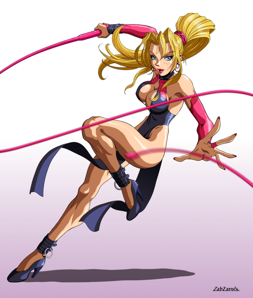 1girl anklet artist_name bare_shoulders blonde_hair blue_eyes breasts bridal_gauntlets cleavage earrings elbow_gloves eyeshadow gloves halterneck high_heels highres jewelry large_breasts leotard lips lipstick loincloth long_hair makeup pantyhose ponytail scrunchie sofia_(toushinden) solo toushinden weapon whip zabzarock