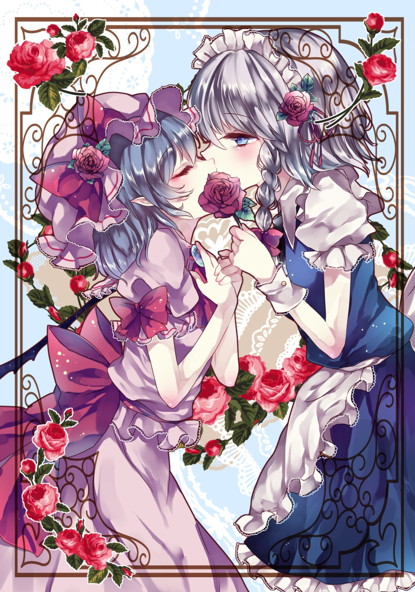 2girls apron blue_dress blue_eyes blue_hair bow braid brooch closed_eyes dress flower frame ginzuki_ringo hat hat_bow hat_flower highres izayoi_sakuya jewelry maid maid_headdress mob_cap multiple_girls pink_dress pink_rose pointy_ears puffy_short_sleeves puffy_sleeves red_rose remilia_scarlet rose sash shirt short_sleeves silver_hair touhou twin_braids waist_apron wrist_cuffs yuri