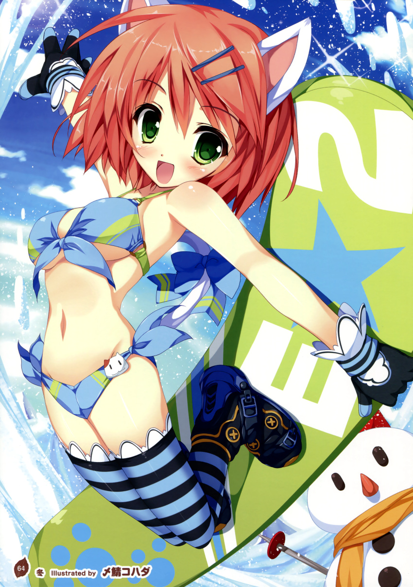 1girl :d absurdres animal_ears bikini black_gloves black_legwear blue_bikini blue_legwear breasts cat_ears front-tie_top gloves green_eyes hair_ornament hairclip highres open_mouth redhead shimesaba_kohada side-tie_bikini smile snowboard snowman swimsuit thigh-highs