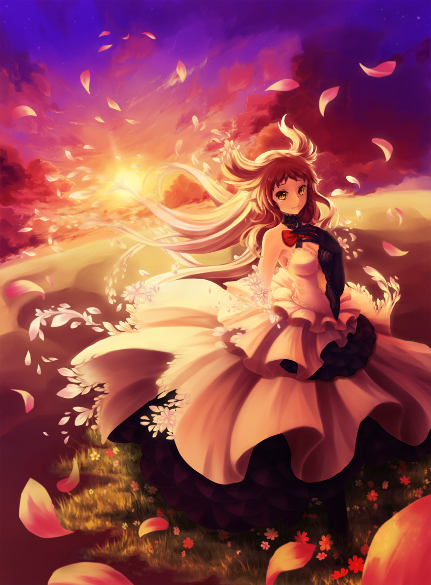 1girl breasts cleavage clouds dragon_nest dress field flower grass highres petals sky solo sunset ulquiorra0