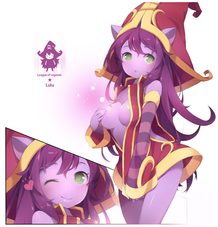 1girl character_name covering covering_breasts english green_eyes hat heart highres league_of_legends long_hair lulu_(league_of_legends) mhz no_pants one_eye_closed open_clothes open_mouth pointy_ears purple_hair purple_skin shiny shiny_skin shirt_pull solo
