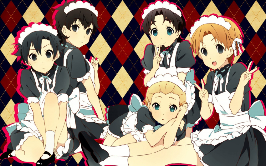 5boys alternate_costume black_hair blonde_hair emiya_kiritsugu enmaided k-on! kayneth_archibald_el-melloi kotomine_kirei kuriiro_benishi maid multiple_boys orange_hair parody style_parody toosaka_tokiomi uryuu_ryuunosuke