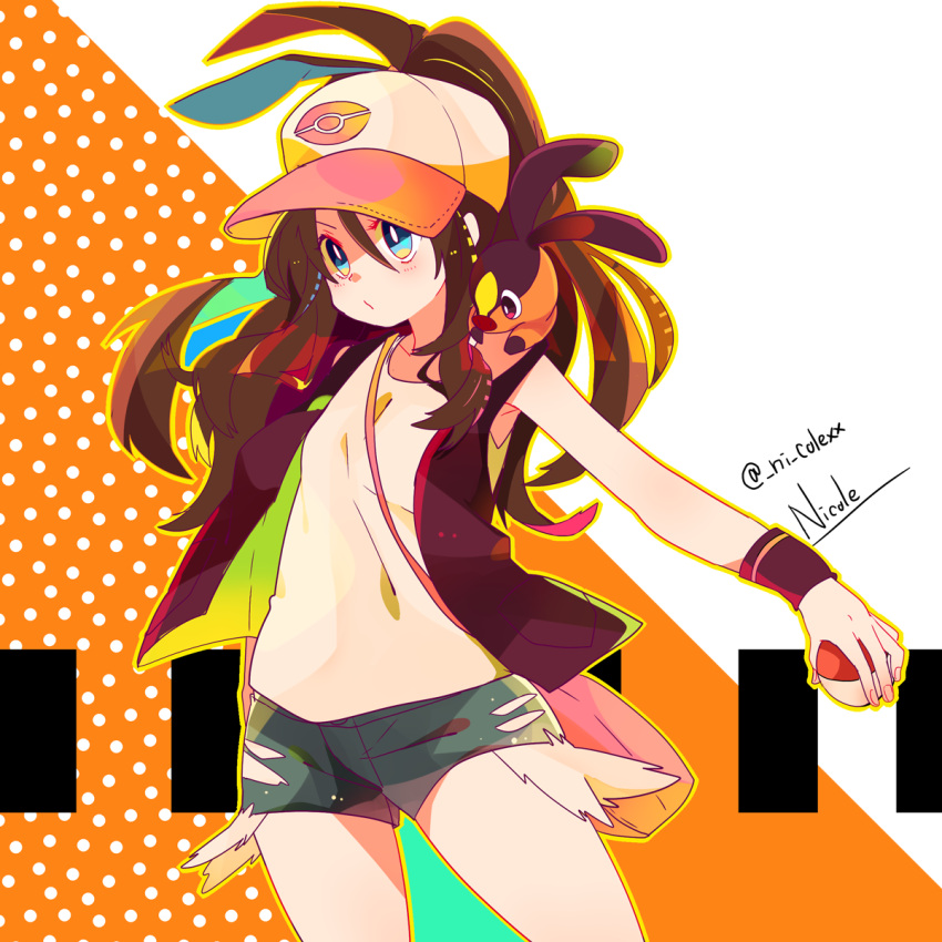 1girl artist_name bag baseball_cap blue_eyes brown_hair denim denim_shorts handbag hat high_ponytail highres holding holding_poke_ball long_hair nicole_(usako) poke_ball pokemon pokemon_(creature) pokemon_(game) pokemon_bw shirt shorts sleeveless sleeveless_shirt solo_focus tepig touko_(pokemon) twitter_username vest white_shirt wristband