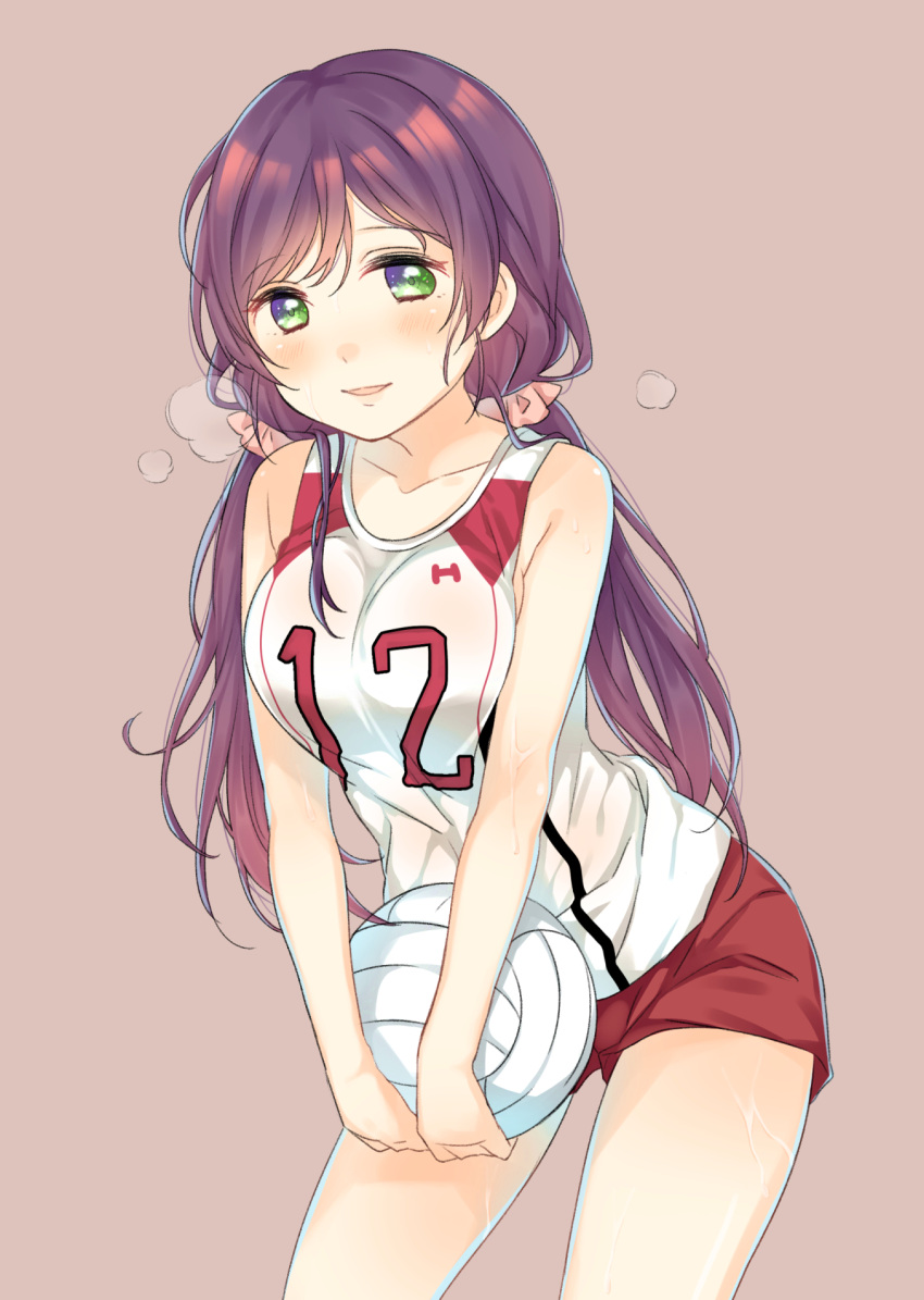 1girl blush breasts breath collarbone cowboy_shot green_eyes gym_uniform highres long_hair looking_at_viewer love_live!_school_idol_project nerunnn purple_hair shorts solo sweat thighs toujou_nozomi v_arms volleyball